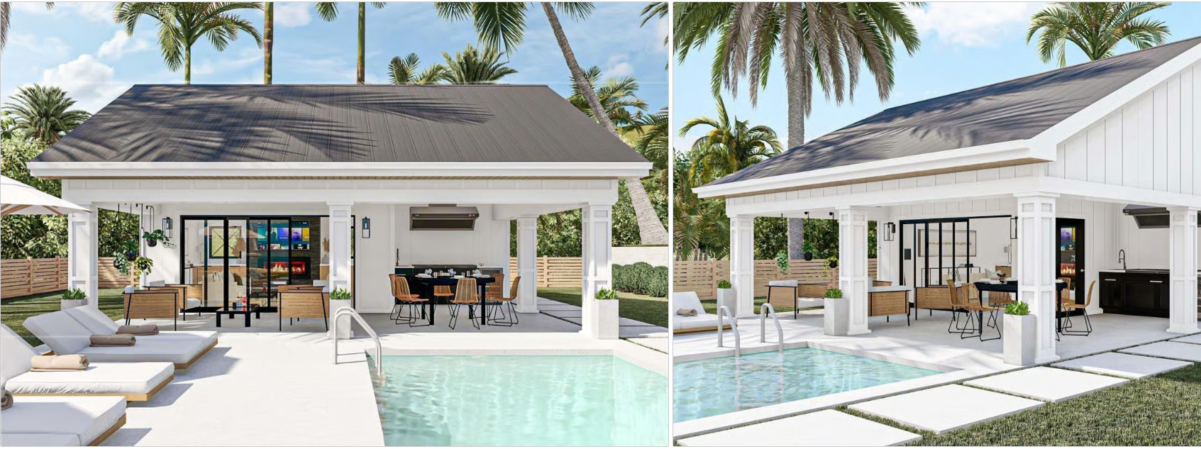 Attractive pool house with large covered porch and fireplace.