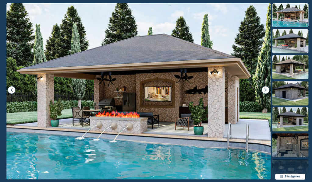 Pool house with fire pit, fountains, and three-sided access