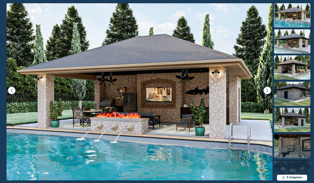 Pool house with fire pit, fountains, and three-sided access