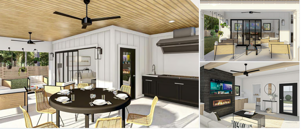 Attractive pool house with large covered porch and fireplace.