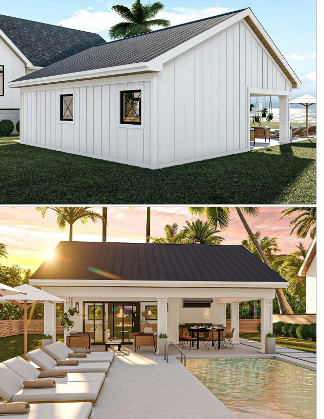 Attractive pool house with large covered porch and fireplace.