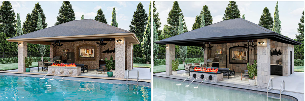 Pool house with fire pit, fountains, and three-sided access