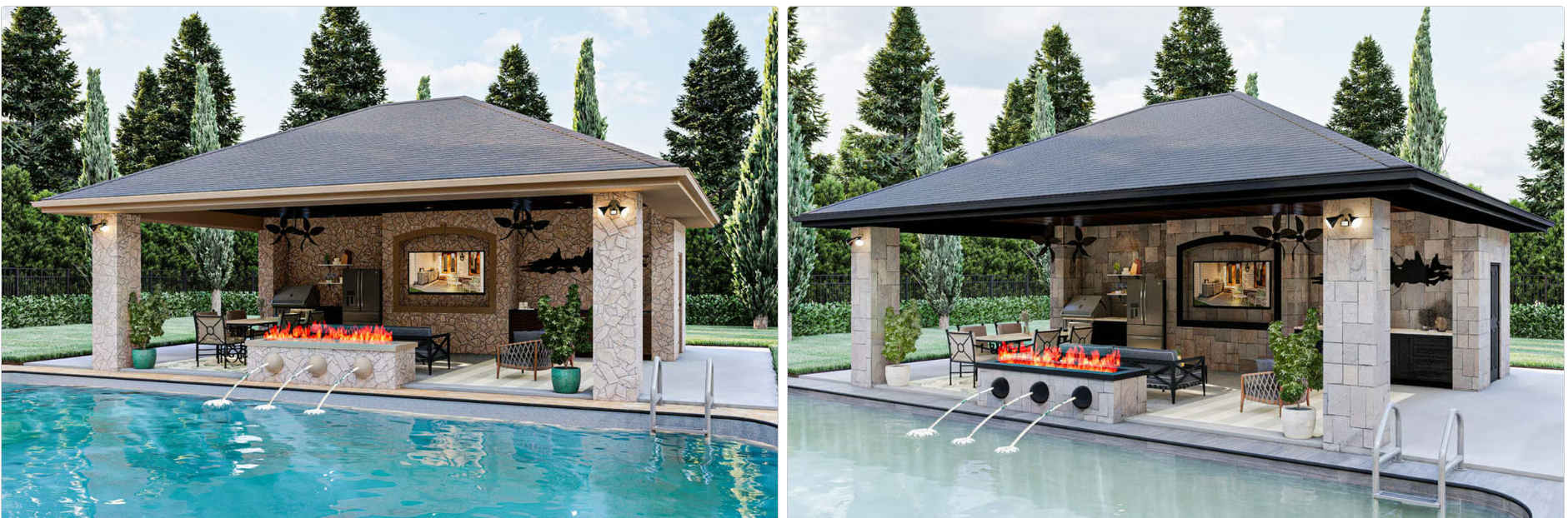 Pool house with fire pit, fountains, and three-sided access