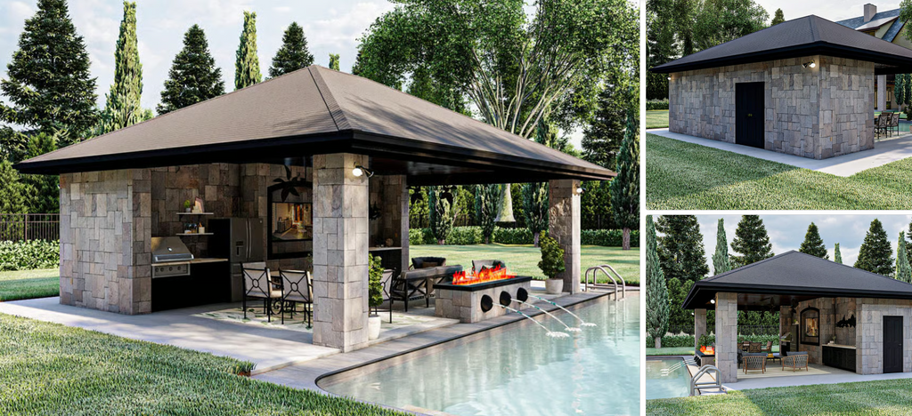 Pool house with fire pit, fountains, and three-sided access