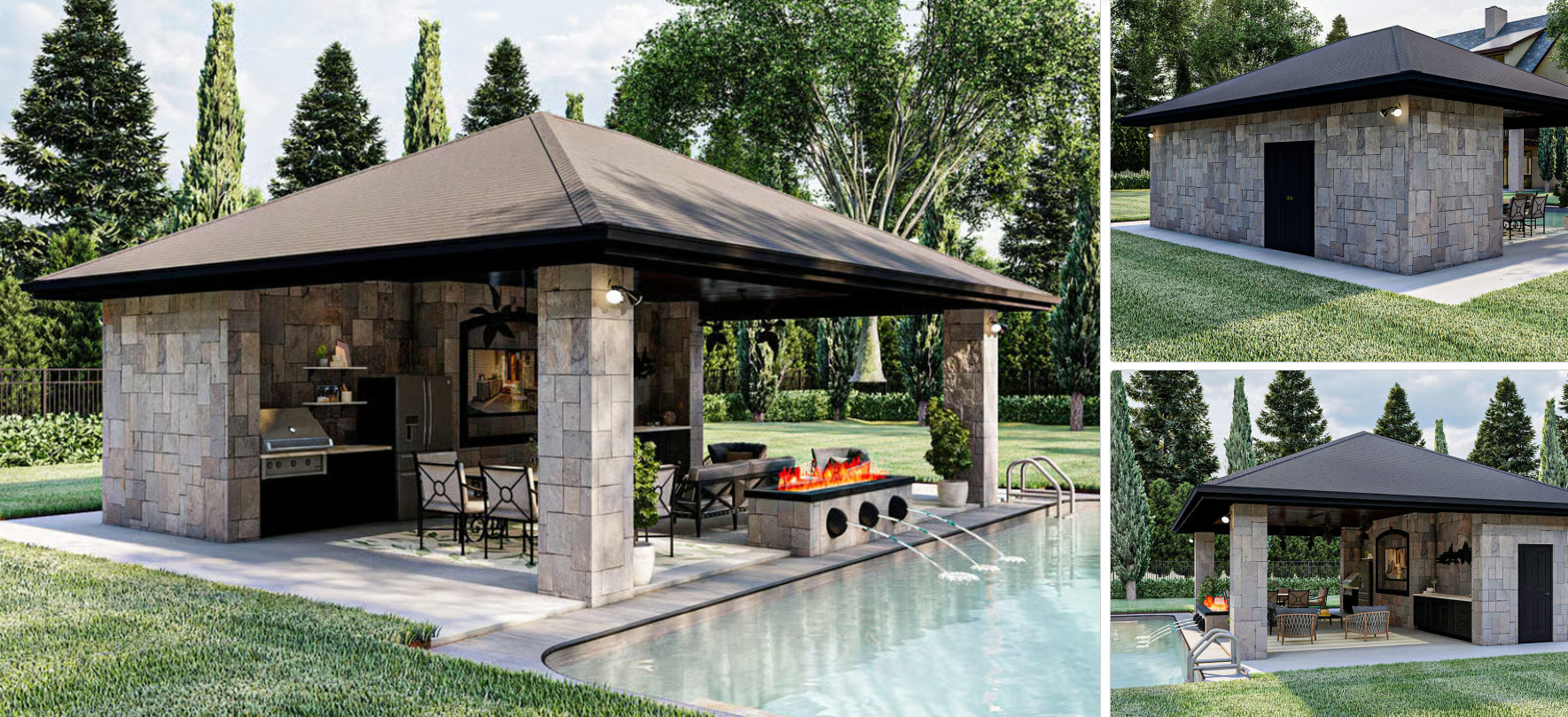 Pool house with fire pit, fountains, and three-sided access