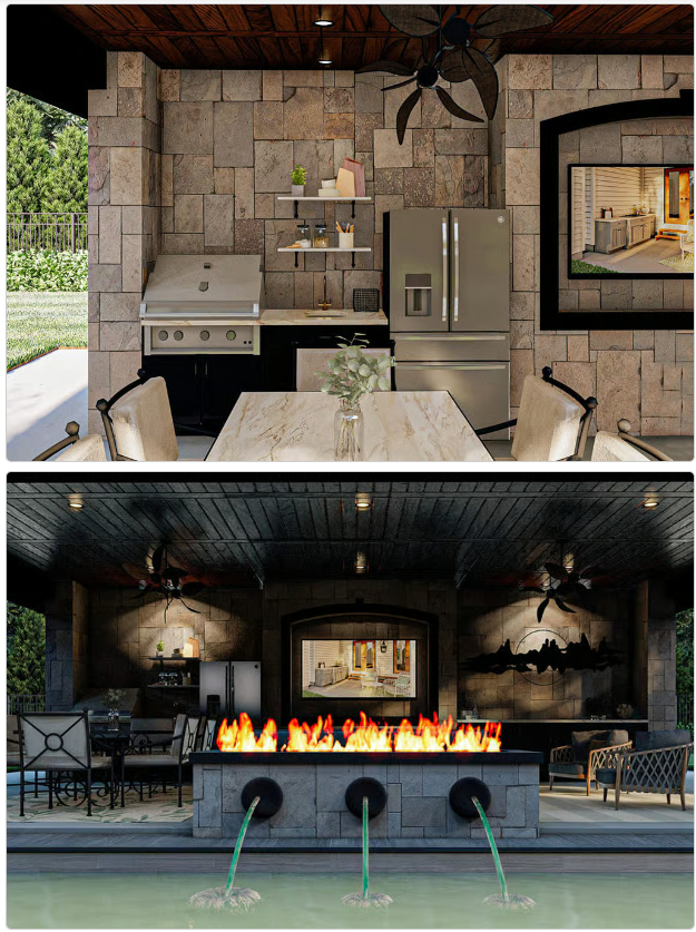 Pool house with fire pit, fountains, and three-sided access